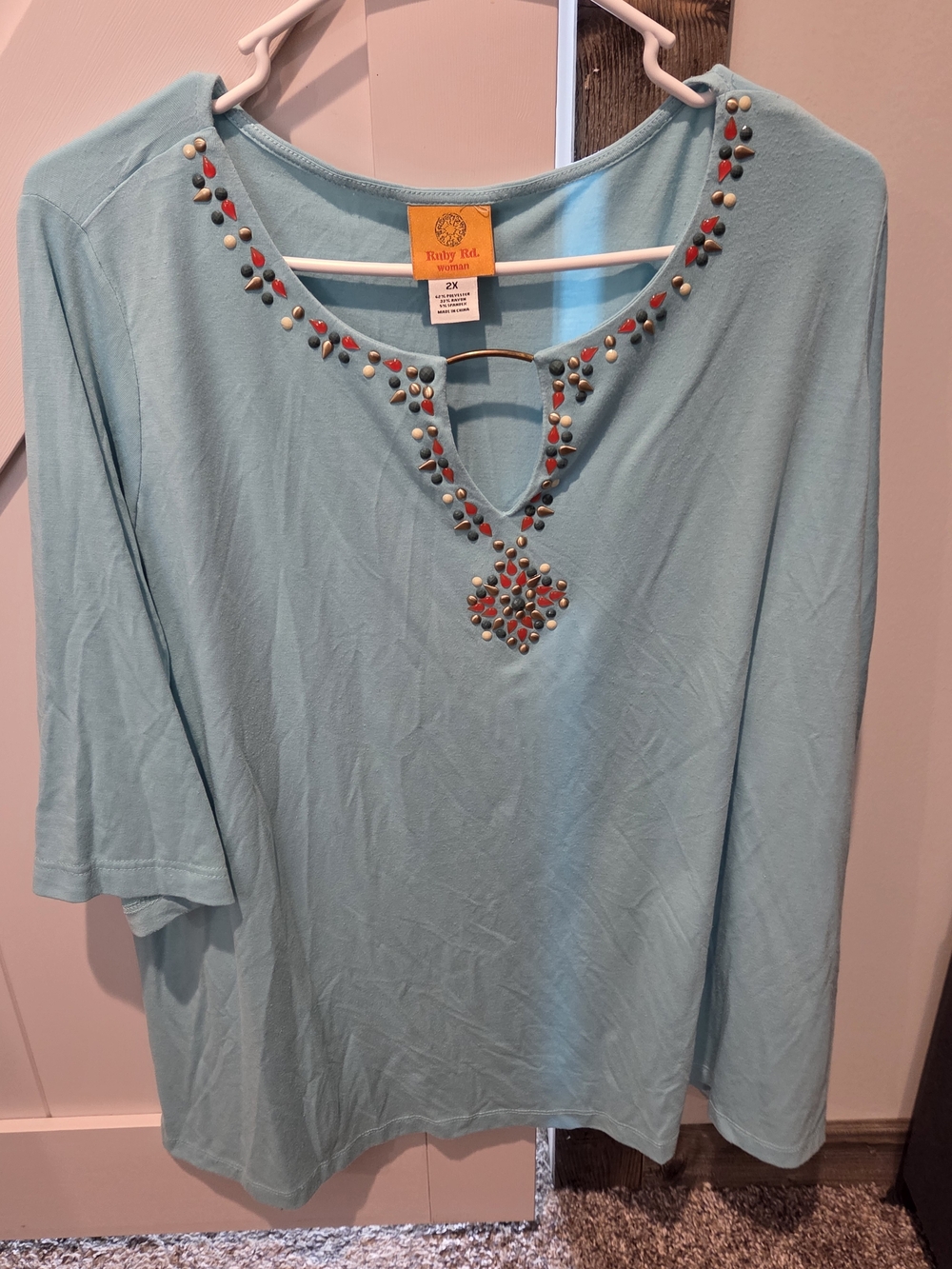 Ruby Rd. Blue Embellished V-Neck Knit Top - 2X